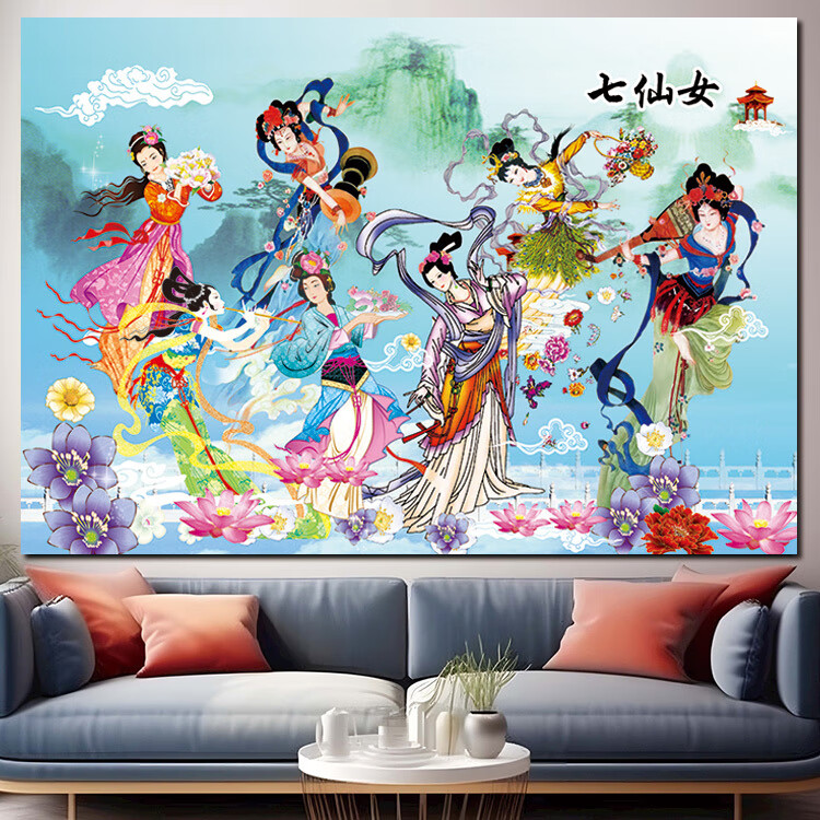 七仙女卷轴墙贴壁纸侍女图装饰挂画书房挂画古代美女画民俗神话图