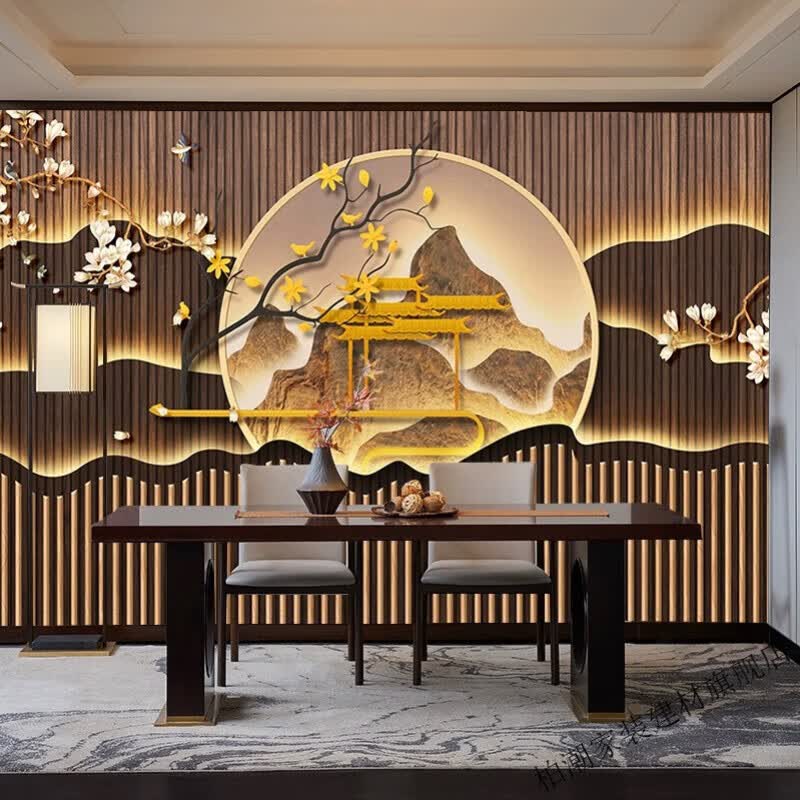 竹木纤维集成板格栅山水沙发背景墙扣板养生会所茶室护墙板 新中式01