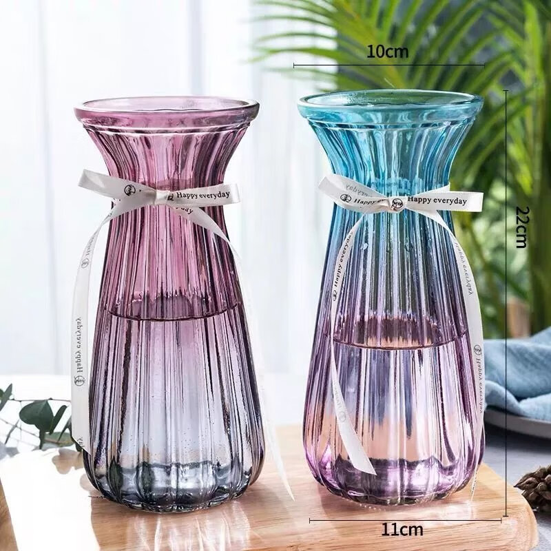 加厚大号花瓶玻璃透明客厅摆件水培植物富贵竹百合插干花陶瓷花瓶 【束腰蓝紫+红灰】2个加丝带