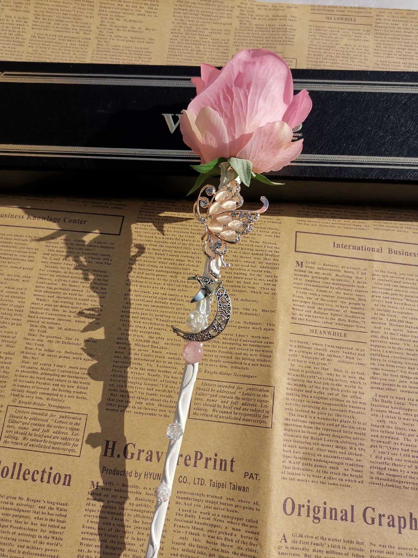 玫瑰永生花魔杖定制手杖手杖手工专属权杖哈利波特魔法现货 永生蝴蝶