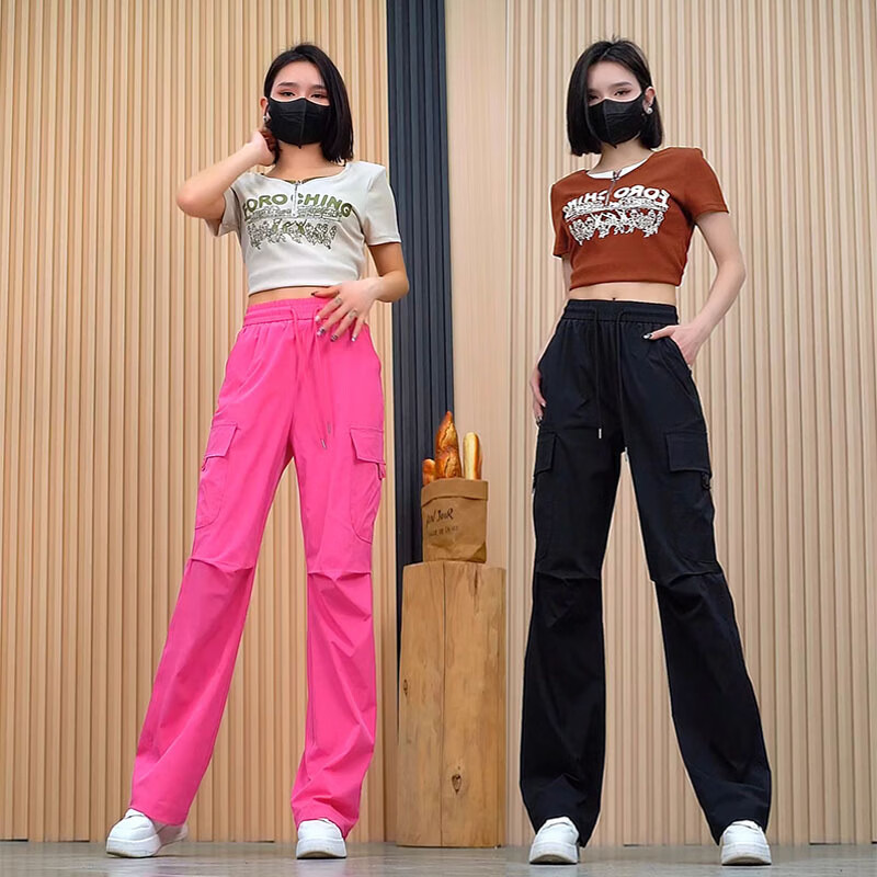 町苧窄版阔腿裤女2025夏季新款高腰工装裤宽松速干裤显瘦运动休闲裤子 黑色 L 28 建议105-115斤