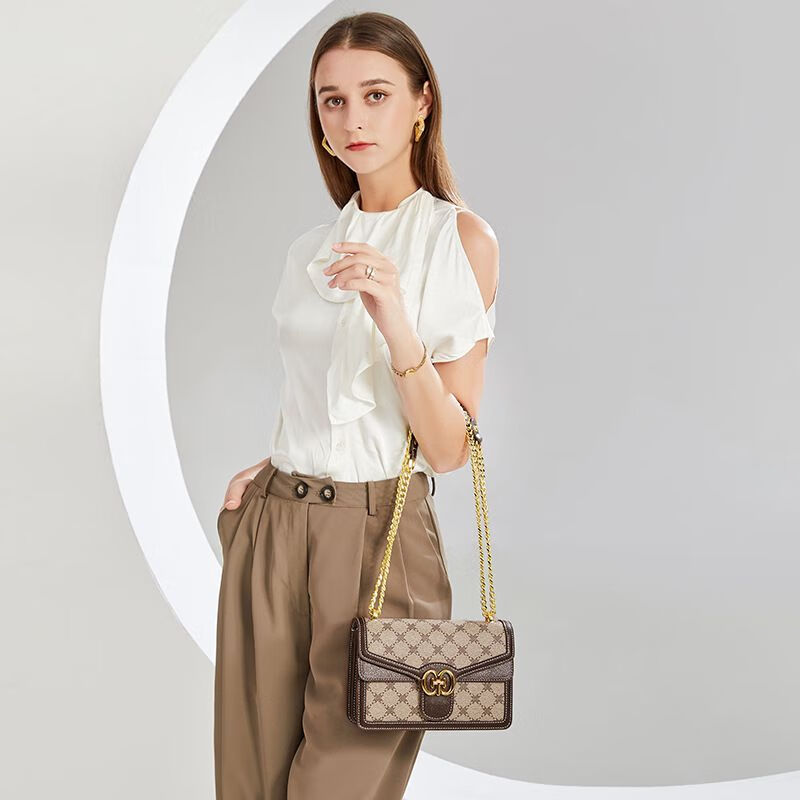 酷奇袋鼠包包酷奇女包轻奢包包女包单肩包女士斜挎包印花包送老婆生日礼物 浅啡色 三条肩带【礼盒包装】