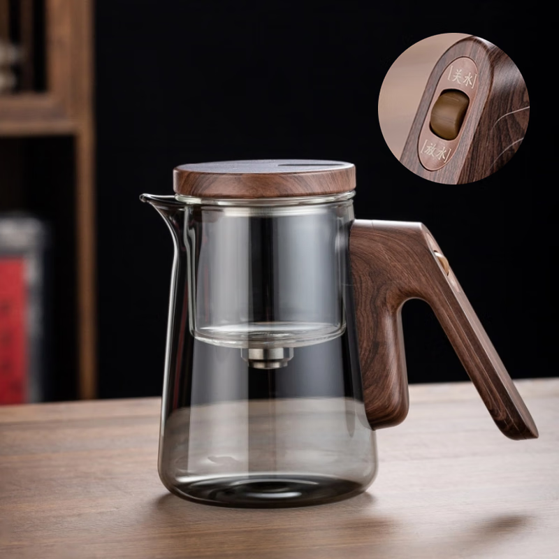 顶壶（DESKPOT）磁吸飘逸杯耐热泡茶壶茶水分离全玻璃内胆一键过滤冲茶器茶具套装 灰色 D24S磁吸滑动泡茶壶 750ml