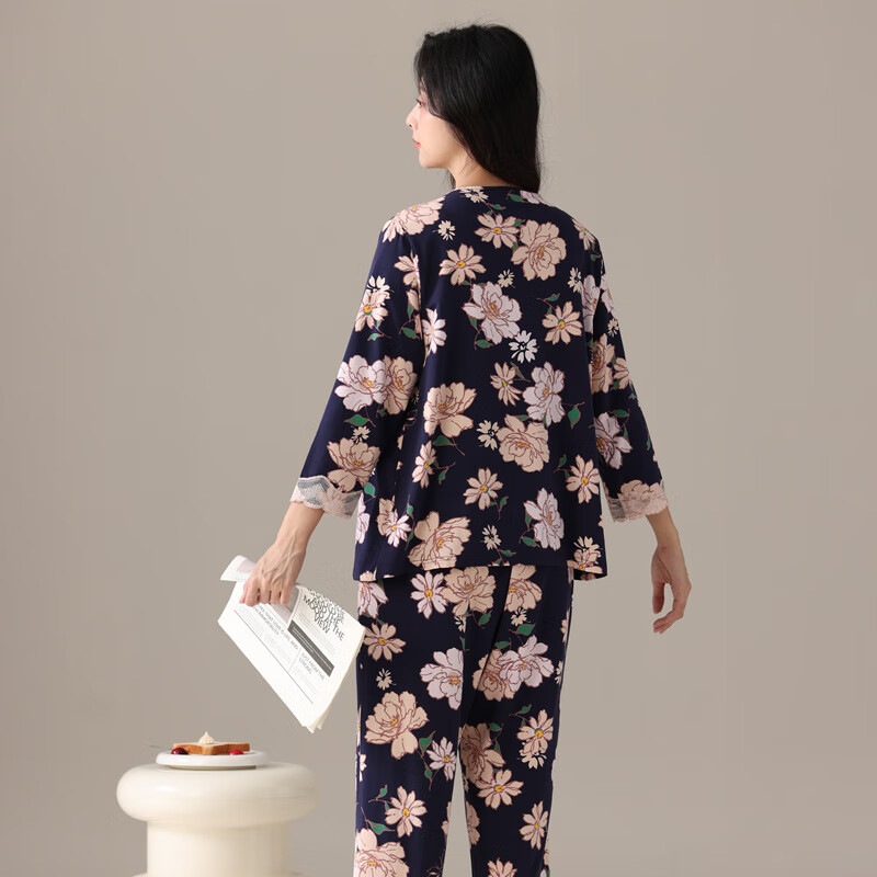 绮瑞女士莫代尔家居服春秋长袖国风印花优雅妈妈睡衣秋款大码套装 深蓝 2XL