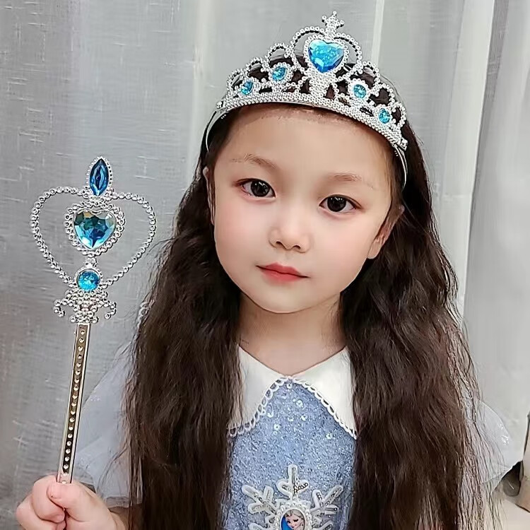 憶愛(ài)艾莎公主發(fā)箍皇冠冰雪奇緣頭飾兒童魔法棒權杖女童水鉆小女孩發(fā)飾 藍色皇冠+魔法棒