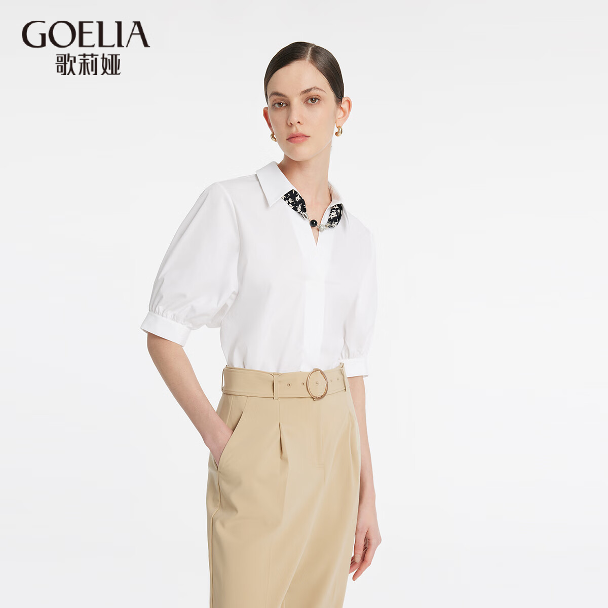 歌莉娅 新品  法式宽松造型感衬衫（配送丝巾）  1C3C3D050 03W本白 S