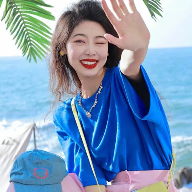 穿搭套装女孩夏季2024新款马卡龙色系衣服撞色两件套高级感 蓝色 单件