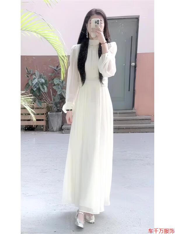 伊芙丽舒雅法式温柔风白色长袖连衣裙女2024年早春装新款感收腰显瘦长裙 米白色 S
