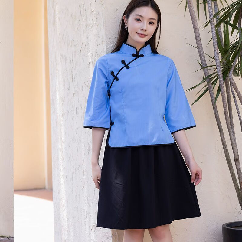 学生装女五四青年装民国风女装中山装男舞台班服 蓝棉 短裙(送红围巾)