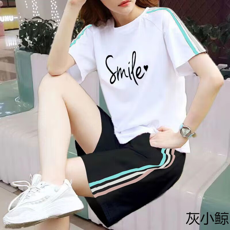 邦菲尔纯棉休闲运动服套装女夏季新款大码宽松学生短袖短裤两件套潮 单件白色三色上衣字母 4XL 建议160-180斤