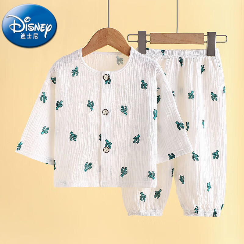 迪士尼（Disney）儿童薄款双层棉纱布睡衣夏季女童家居服男宝宝长袖灯笼裤套装 纱布-仙人掌 130