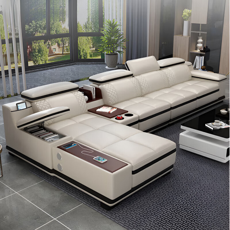 简约典2026新款沙发客厅头层牛皮简约现代大小户型轻奢皮艺贵妃组合沙发 单人+双人+贵妃+边几[中厚皮] 米白色+黑边[沙发左贵妃方向]