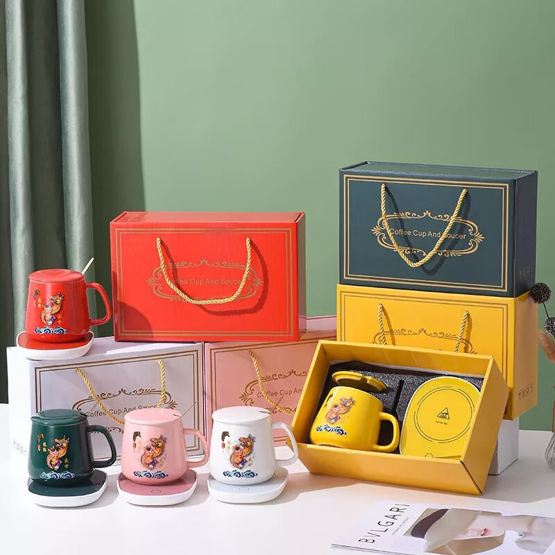 杯55°C度陶瓷马克杯带盖勺保温水杯家用办公暖暖杯牛奶咖啡杯 白色杯+垫+礼盒