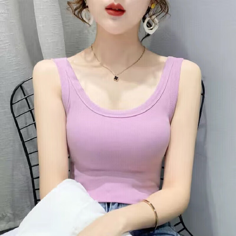 诺煦螺纹棉吊带背心女外穿夏季新款修身遮副乳内搭无袖打底衫紧身上衣 浅紫色 S 建议85-100斤