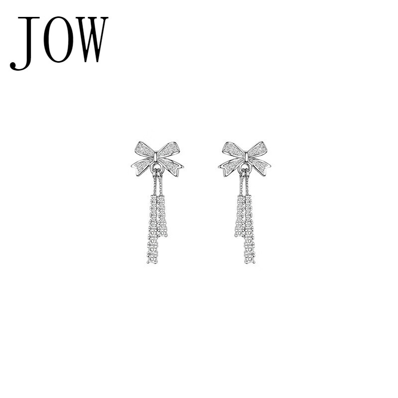 jow925银蝴蝶结耳钉女ins夏季甜美小众轻奢风长款流苏耳饰 送女友 白