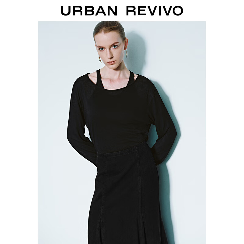 UR秋季新款女装时髦假两件设计感宽松长袖T恤UWM450007 黑色 S