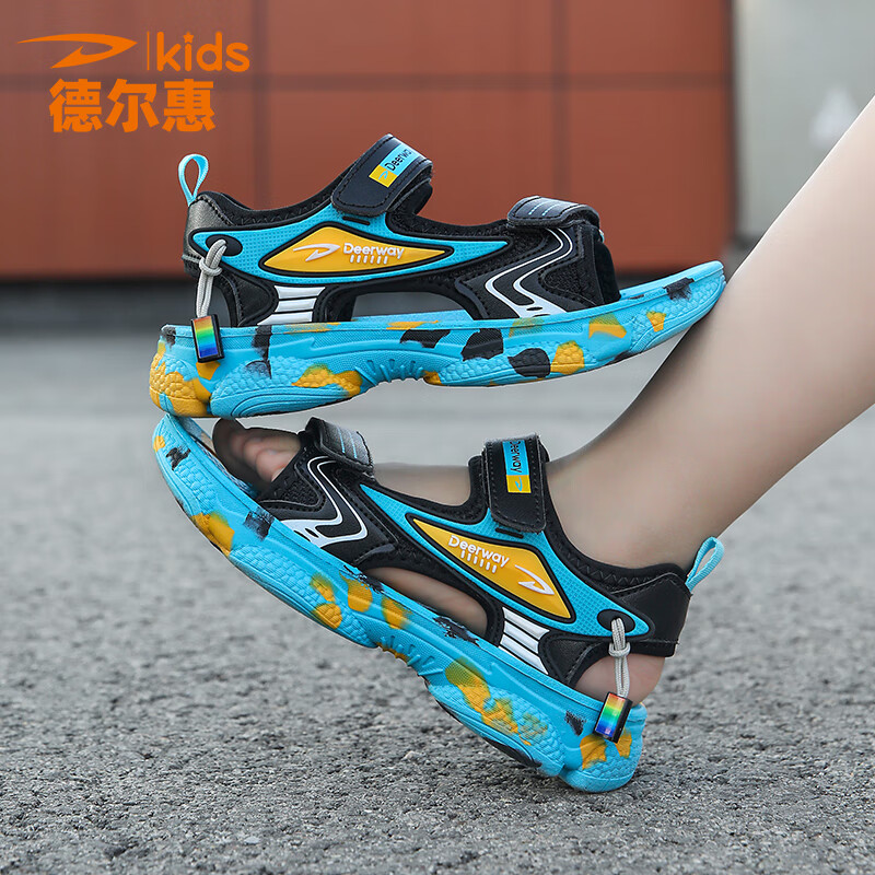 德尔惠男童露趾凉鞋夏季童鞋小中大童软底防滑沙滩鞋耐磨女童韩版儿童鞋 D3188黑色【凉鞋】 27码 内长17.0/脚16.0