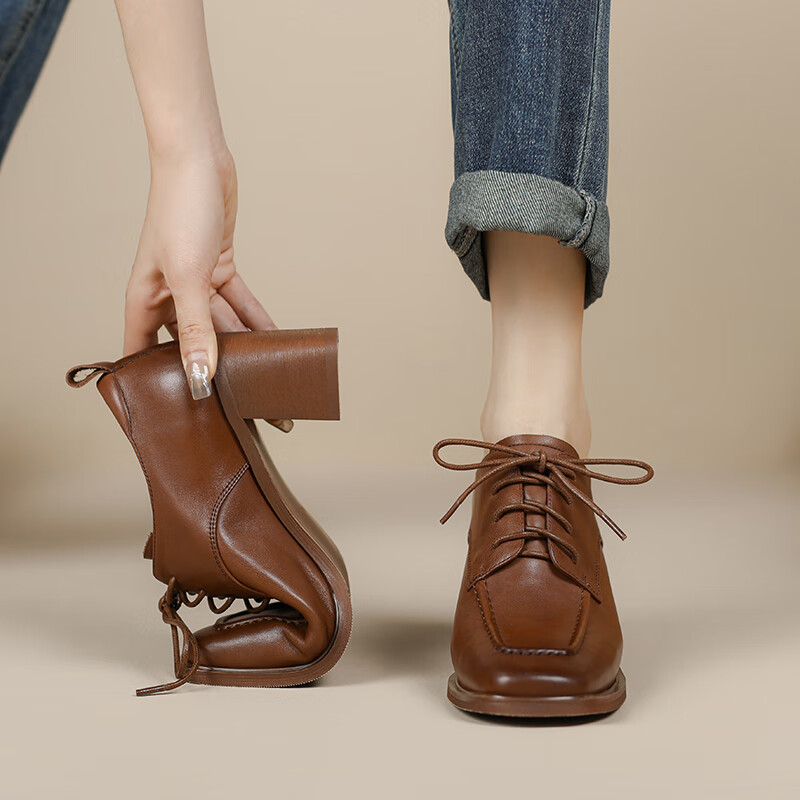 mk belle轻奢侈新品手工真皮法式通勤复古加绒系带小皮鞋深口单鞋方头