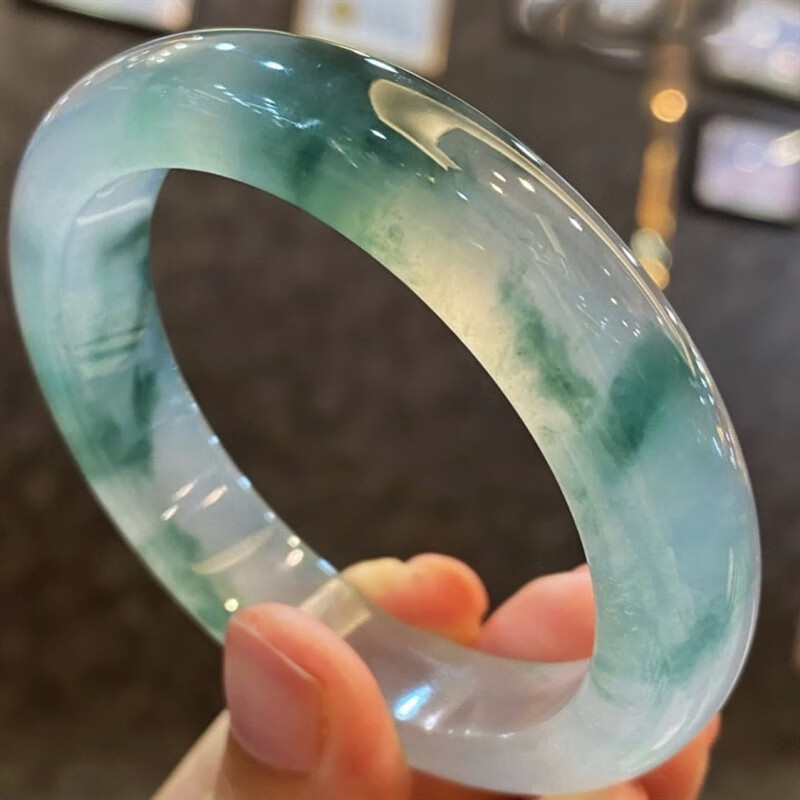 帛灵 缅甸老坑冰种翡翠飘花手镯冰糯种贵妃飘绿玉手镯子女士礼品送岳