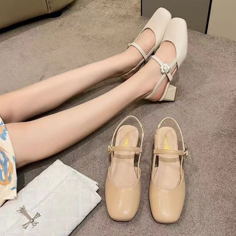 橦舟渡迪兰朵莉女鞋圆头太阳花甜美仙女风包头凉鞋显瘦粗跟气质高跟鞋