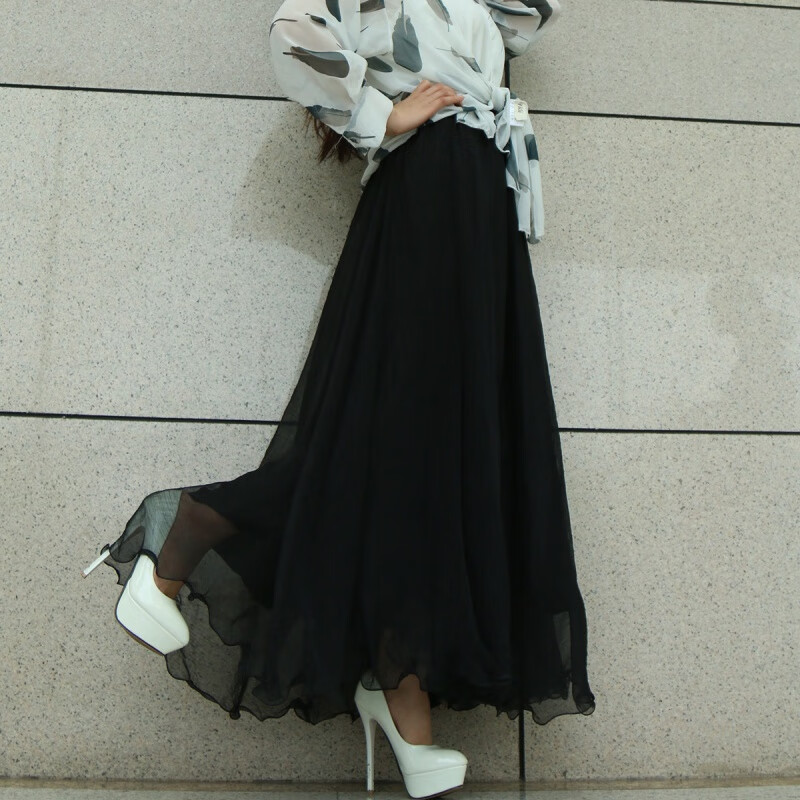 小憨鹿拖地半身裙夏季高腰金丝雪纺长裙双层飘逸8米大摆裙度假仙女裙