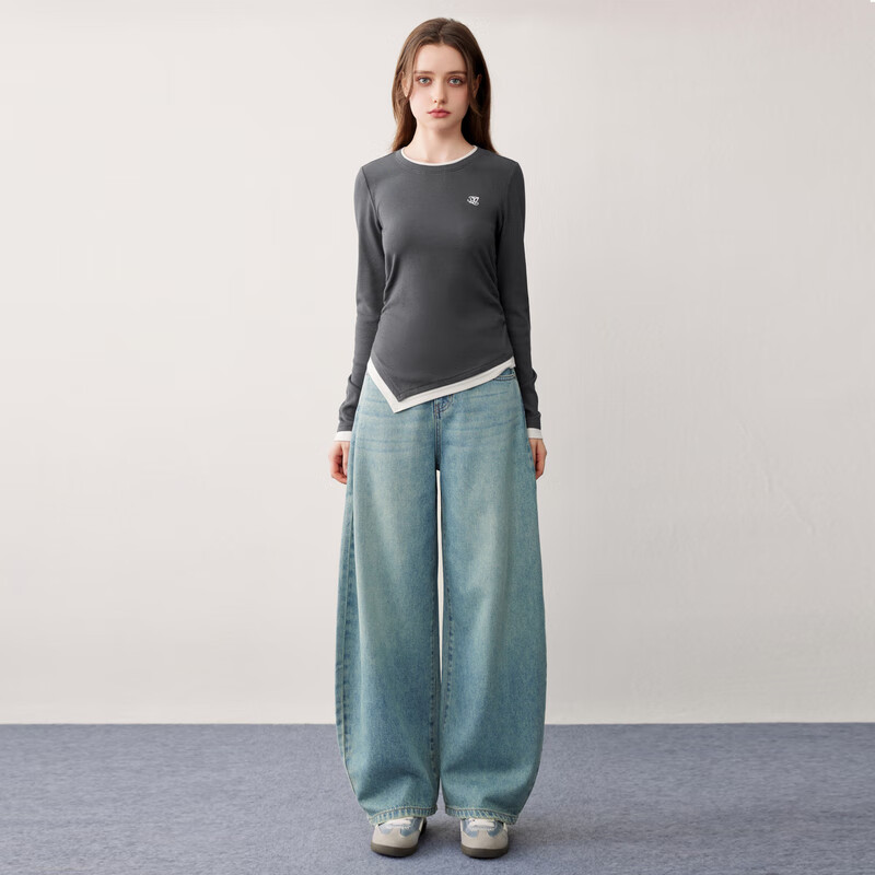 乐町零碳天丝垂感宽松牛仔香蕉裤新款秋季复古阔腿裤子 浅牛仔蓝(现货) L