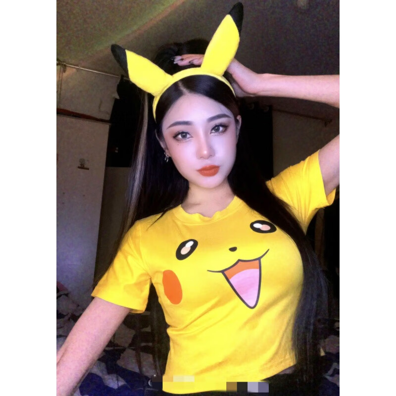 3d紧身上衣显胸大直播衣服女主播衣服网红杰尼龟 黄色-好看皮卡丘t恤