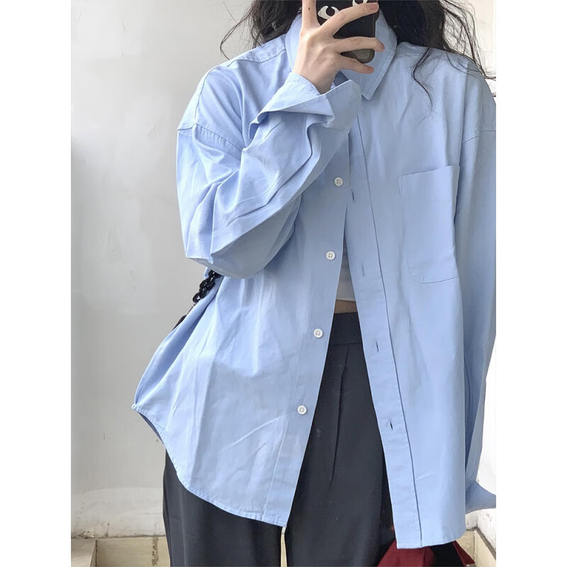 长袖衬衫外套女秋冬季简约中长款西装内搭叠穿衬衣别致上衣服 浅蓝色