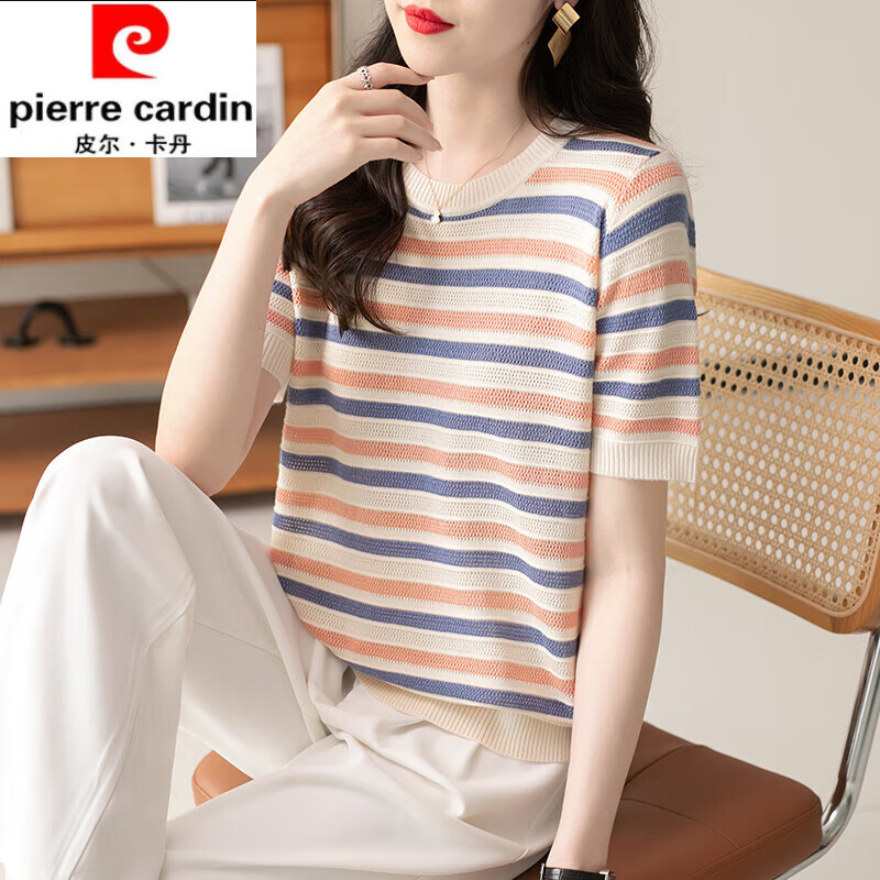 复古冰丝条纹短袖t恤女夏季2024女装新款针织衫宽松内搭打底上衣 米色