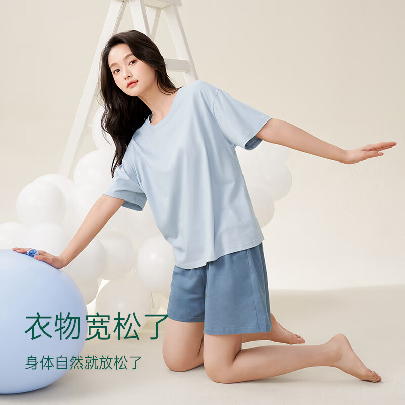 安之伴【巨柔软】睡衣女春夏季100%纯棉新款短袖纯色家居服 牛仔兰 L