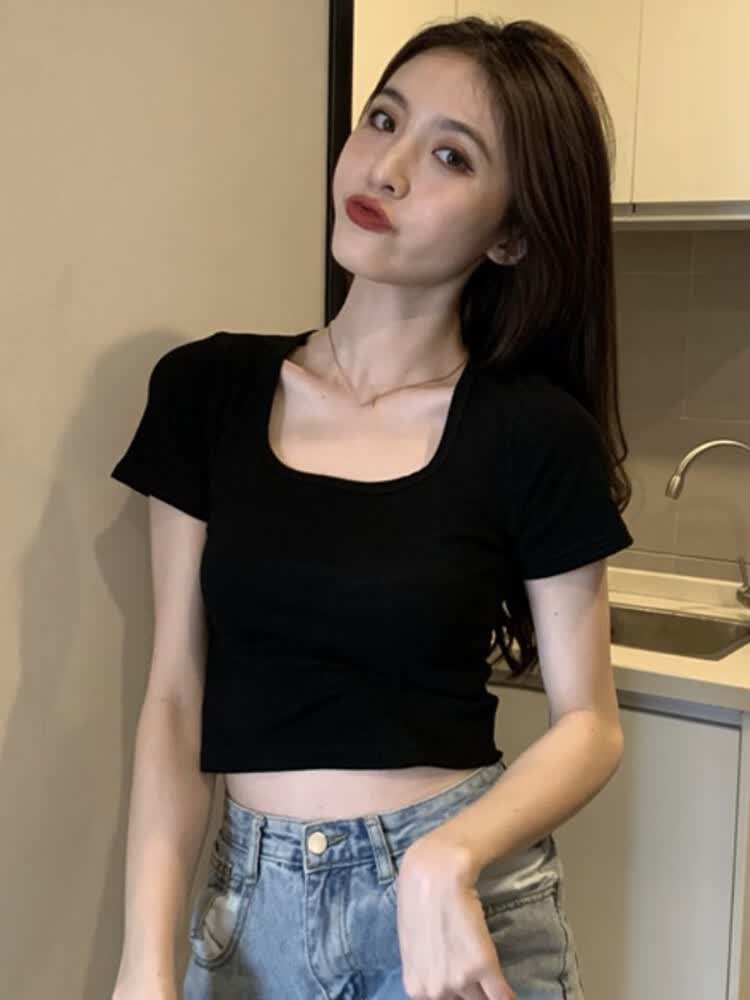 不凡露肚脐上衣女高腰短款t恤短袖夏季运动袖恤女2024短款高腰修 黑色