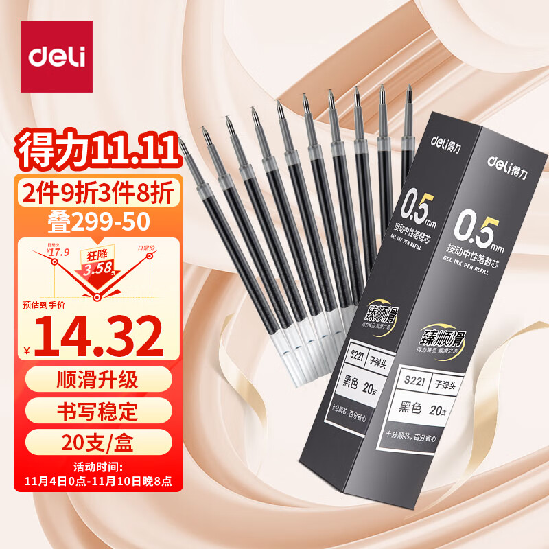得力(deli)臻顺滑按动中性笔芯 学生办公签字笔水笔替芯 0.5mm子弹头 黑色20支/盒S221属于什么档次？