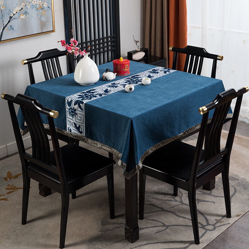 布八仙桌台布中国风棉麻桌垫麻将机麻将桌盖布 藏蓝色拼花正方形桌布