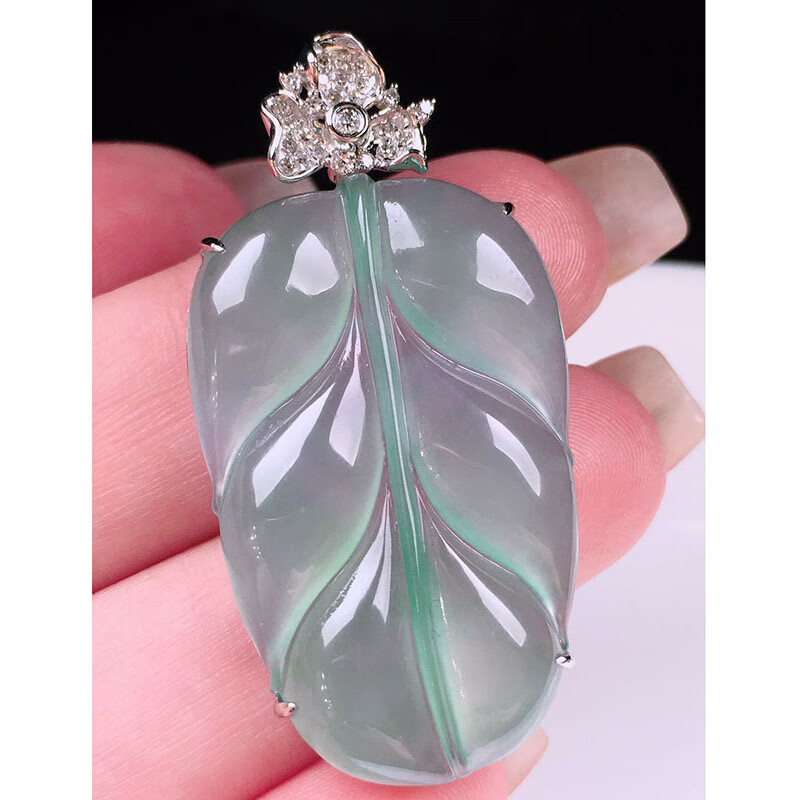 玉佳佳  翡翠冰种晴底树叶吊坠 18k镶嵌缅甸a货翡翠女项链40.8-20.