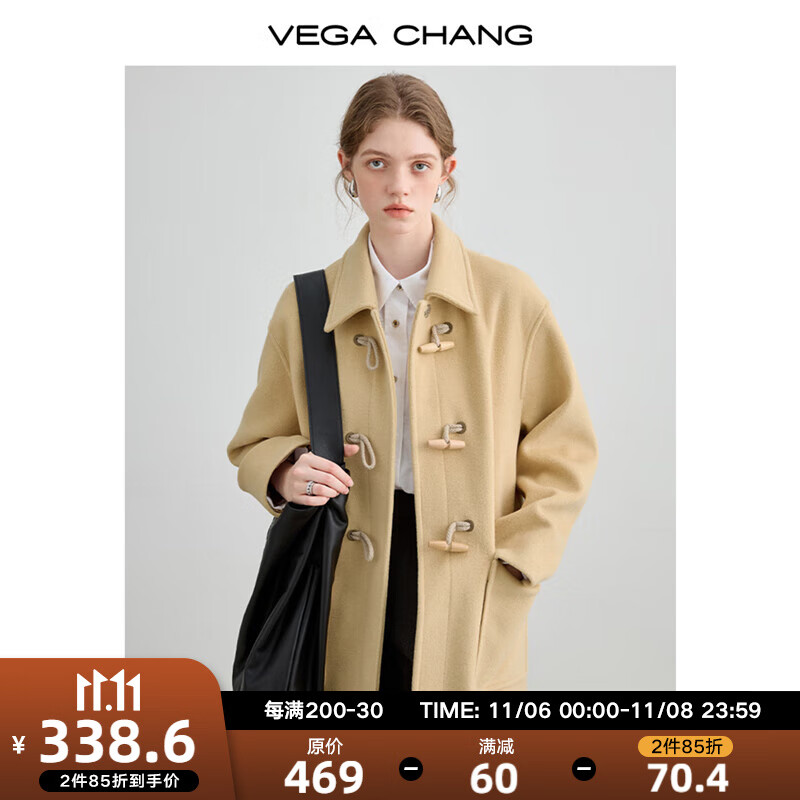VEGA CHANG毛呢大衣女2023年秋冬新款显瘦小个子牛角扣呢子大衣 米黄色 L高性价比高么?