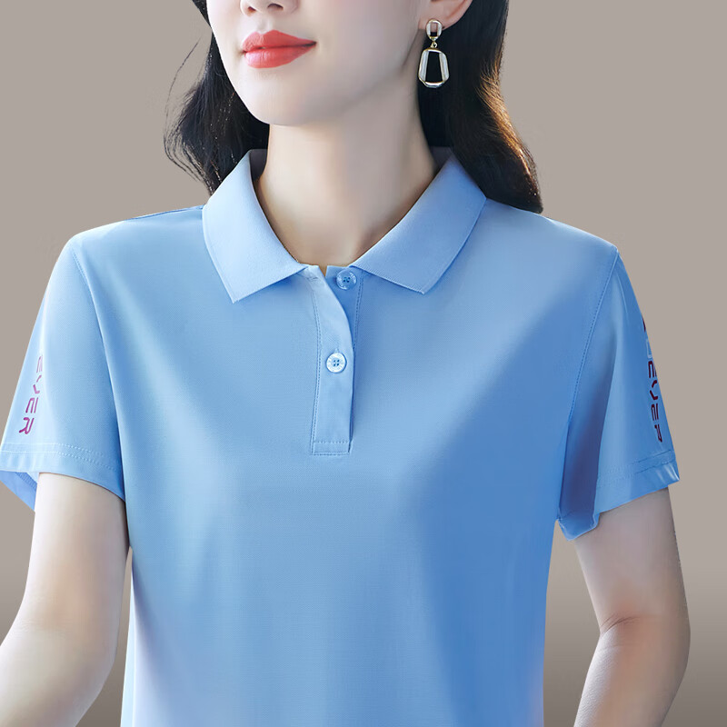 语缦冰丝女夏翻领短袖t恤女运动polo衫带领T恤妈夏季女士有领半袖潮 天蓝 XL(105-120斤)