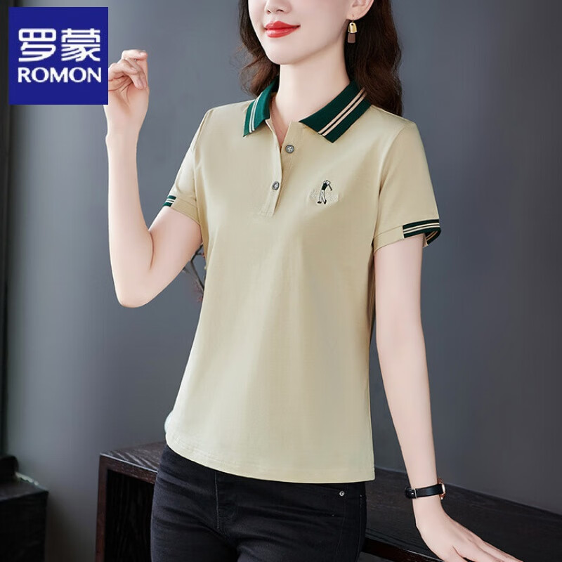罗蒙(romon)中年女士短袖纯棉t恤女夏装新款品牌时尚洋气高端polo衫
