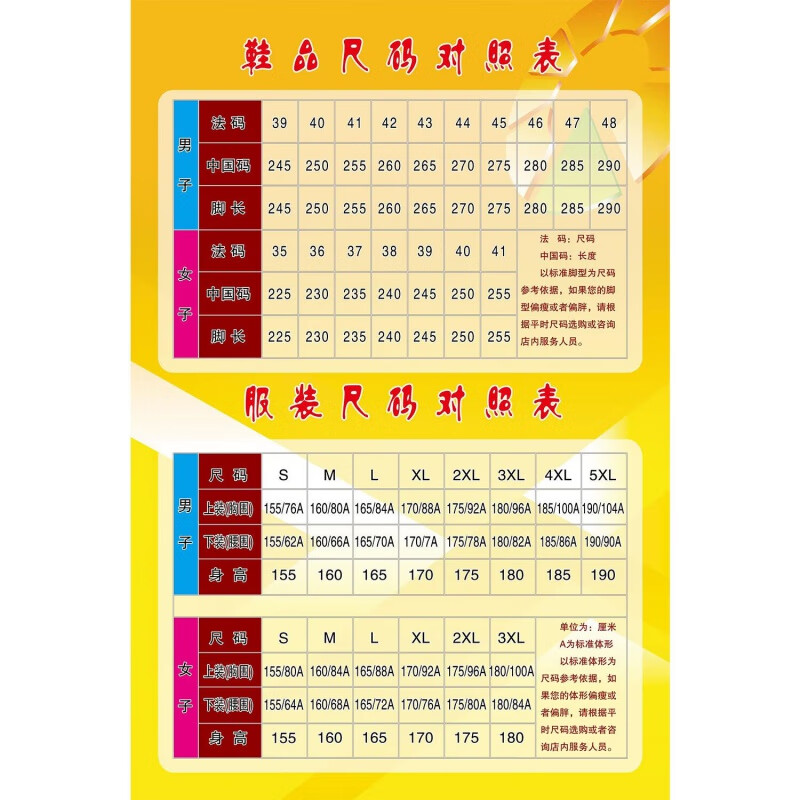 琉滋衣服尺码身高体重对照表平均和衣鞋对应表海报展板标准码按照平时