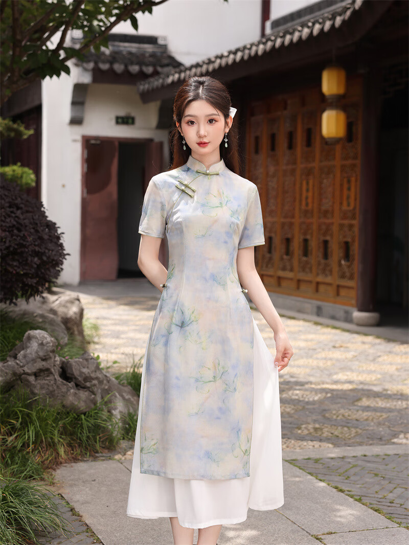 应否2024夏季新款奥黛旗袍假两件流光暮染碎花长款旗袍改良版连衣裙女