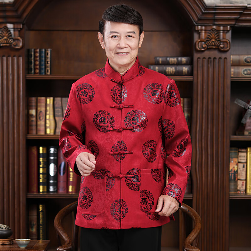 外套80岁女生日唐装中国风情侣男中老年秋冬季爷爷 男款福寿夹克红色