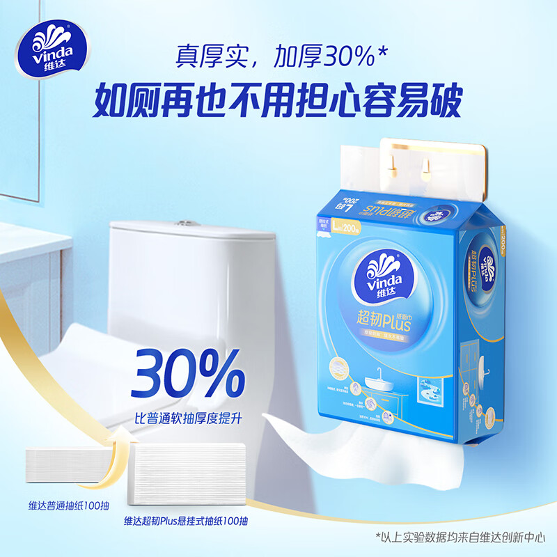 维达(Vinda)抽纸 超韧Plus挂抽3层200抽*4提L码 悬挂式大尺寸 新旧随机发货