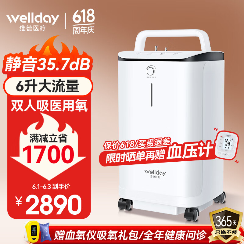 维德(wellday)6L升医用制氧机家用老人医用级吸氧机 家用孕妇氧气呼吸机高原便携式制氧雾化氧气机DH-Y065W