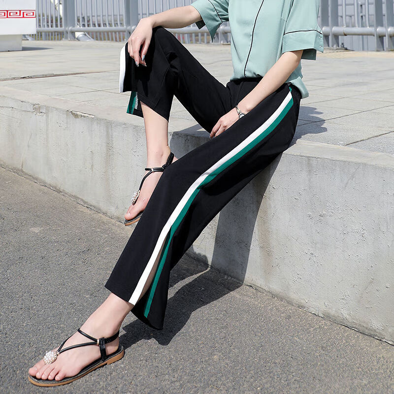 她风采新款冰丝阔腿裤女高腰垂坠感九分夏季薄款黑色宽松显瘦运动裤子