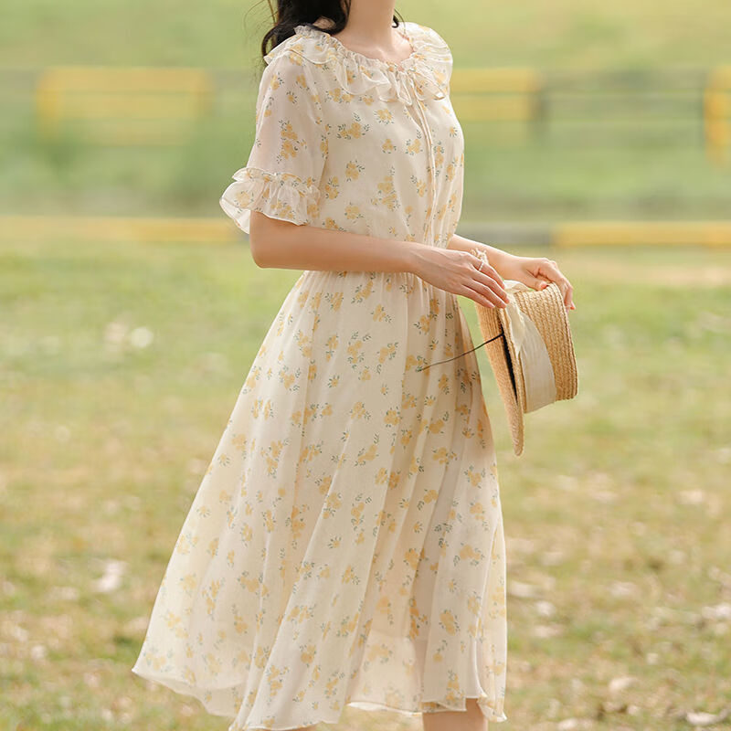 彩彩蛙(caicaiwa)碎花连衣裙青少年女学生春夏新款法式仙女裙雪纺收腰