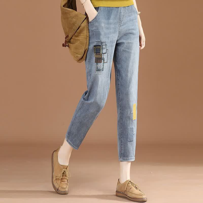 宁墅秋冬季小个子女生牛仔裤适合腿粗松紧高腰牛仔裤女2023秋冬新