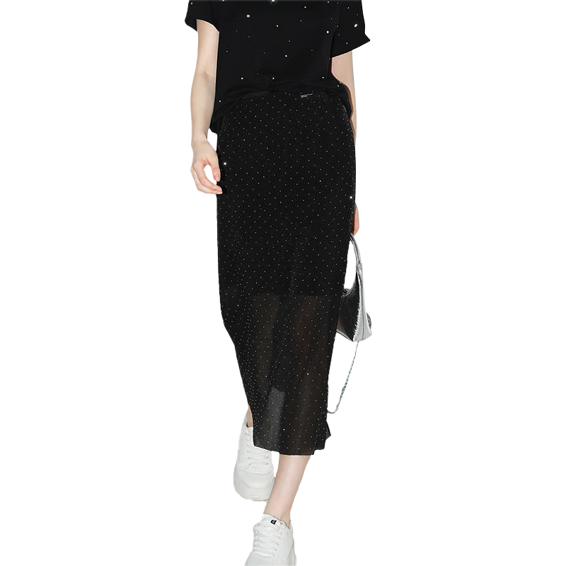 COCOBELLA[璀璨星河]燙鉆肌理感半身裙夏通勤氣質(zhì)雪紡長裙HS7048 星空黑 M