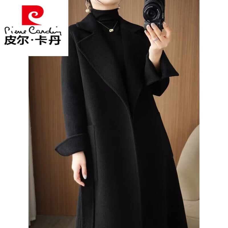 皮尔卡丹休闲双面羊绒大衣女毛呢外套2025秋冬羊毛中长款廓形款宽松过膝厚 高级黑 M