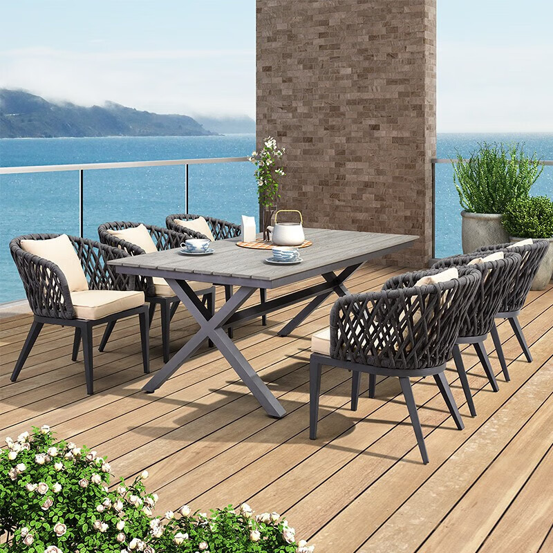 紫叶户外餐桌椅阳台休闲组合别墅花园室外塑木桌椅露台欧式绳编椅