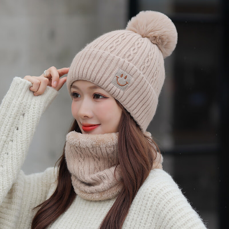 察今新款毛球球针织帽女冬季休闲可爱加厚绒保暖帽刺绣花笑脸毛线帽子