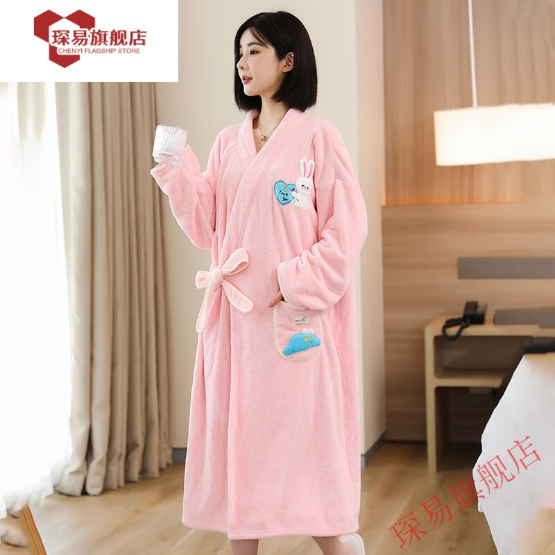 款吸水速干大人睡衣非棉洗澡浴巾裹巾 成人长袖斜襟系带浴袍:爱心兔c
